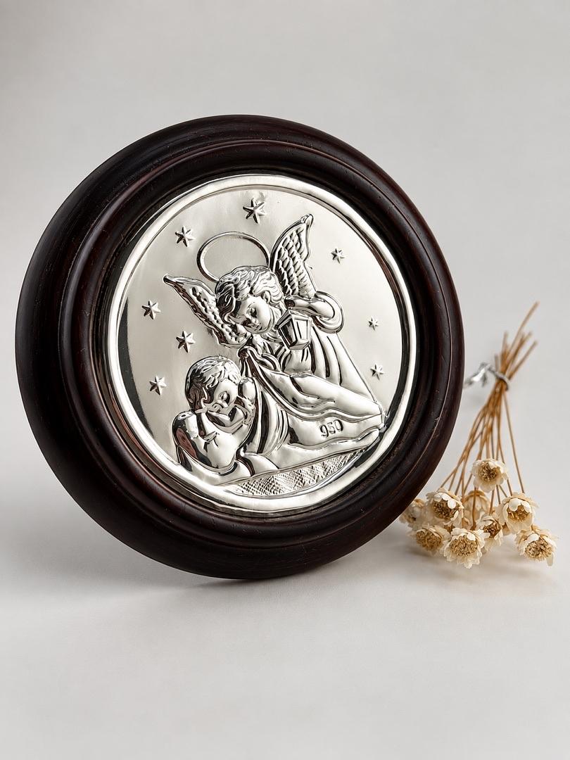 Adorno de plata con madera Angelito y ni;o