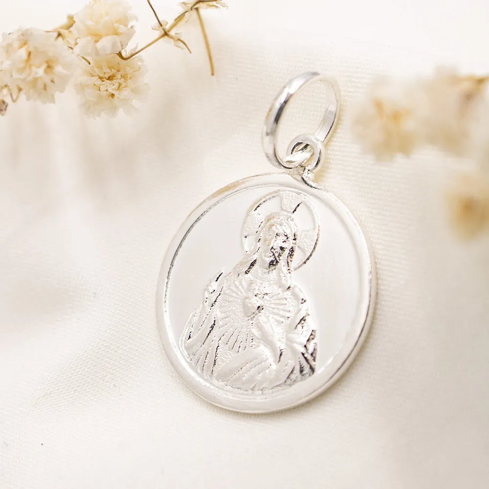 Dije Escapulario Virgen de Carmen y Sagrado Corazón de Jesús de Plata 950